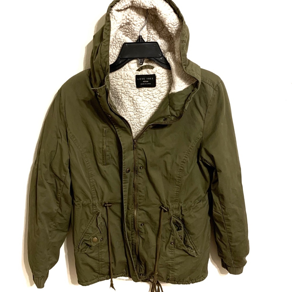 Love Tree Olive Green Hooded Utility Jacket
